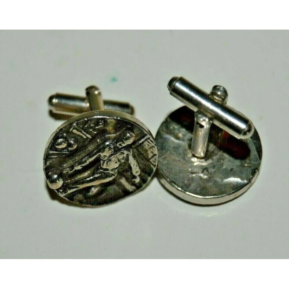 Vintage Large Silver Tone 3D Bowling Bowler Round Cuff Links Tie Bar Set RARE